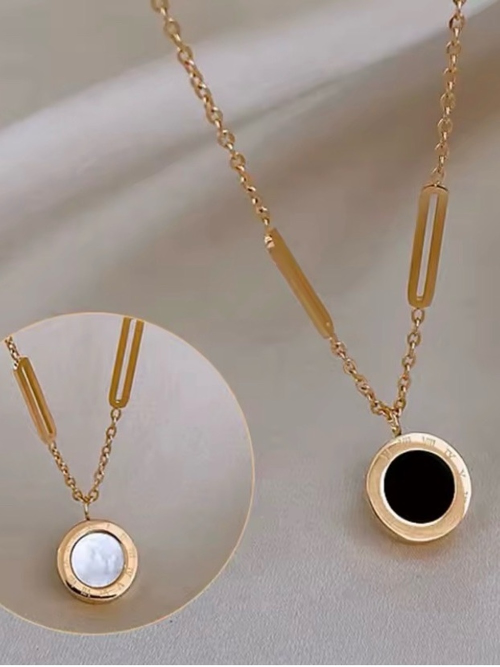 Natural Onyx & Mother of Pearl Reversible Pendant 14K Gold Plated Necklace